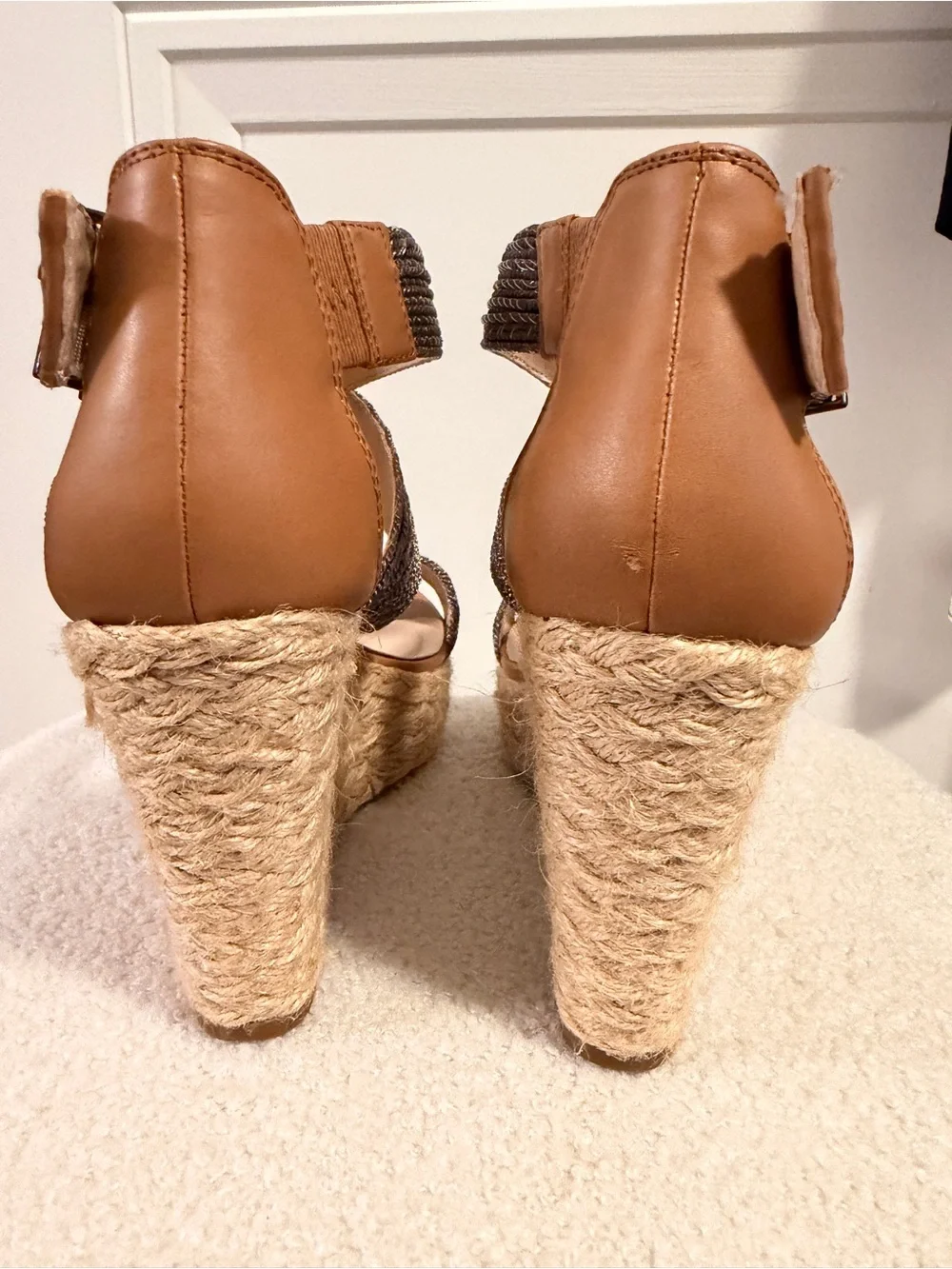 Fergalicious Wedge Espadrille Sandals with Metallic Gray Straps